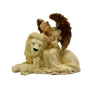 ANGEL with White LION And Lamb in Harmony Vintage 90s Figurine